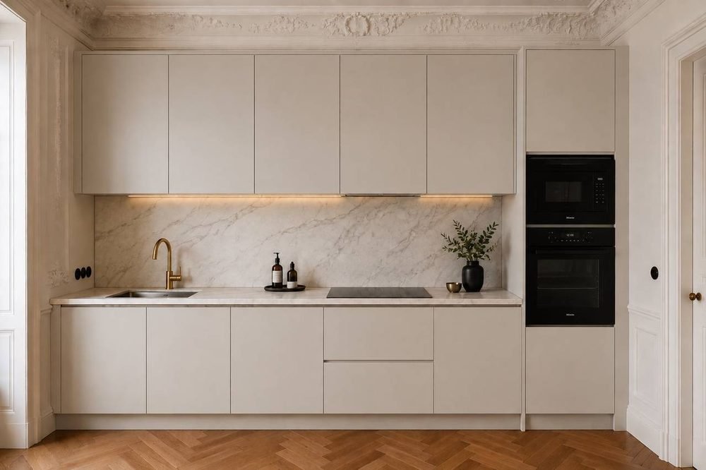 Cuisine linéaire du catalogue de l'Atelier Angle Noir, finition lin, dans un appartement haussmannien : meubles hauts et bas sur un seul mur, crédence en marbre clair, colonnes four.