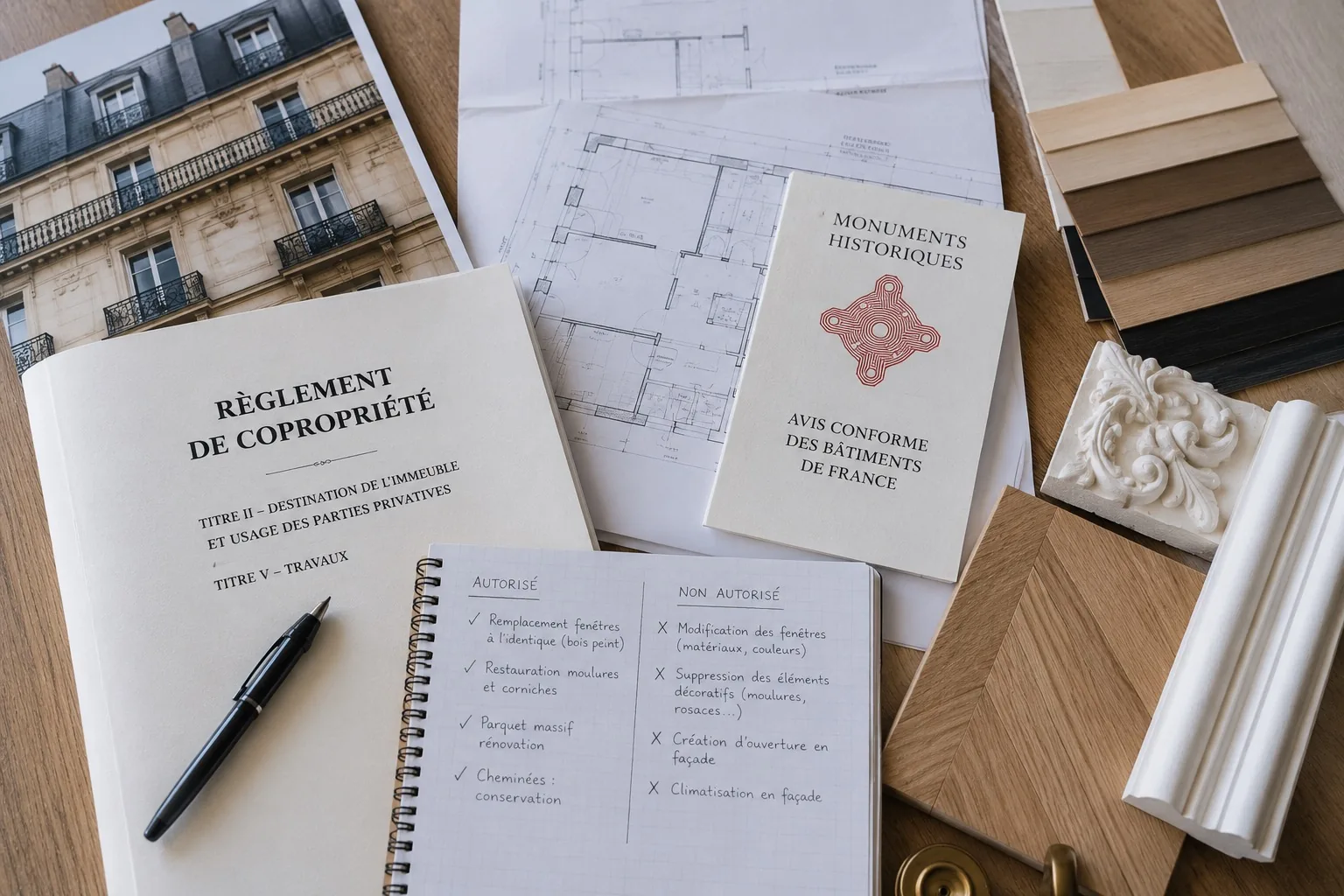 Règlement de copropriété, carnet des travaux autorisés et non autorisés, fascicule d'avis conforme des Bâtiments de France, plans, échantillons de bois et corniche en plâtre sur une table d'architecte : les contraintes d'une rénovation en copropriété haussmannienne.