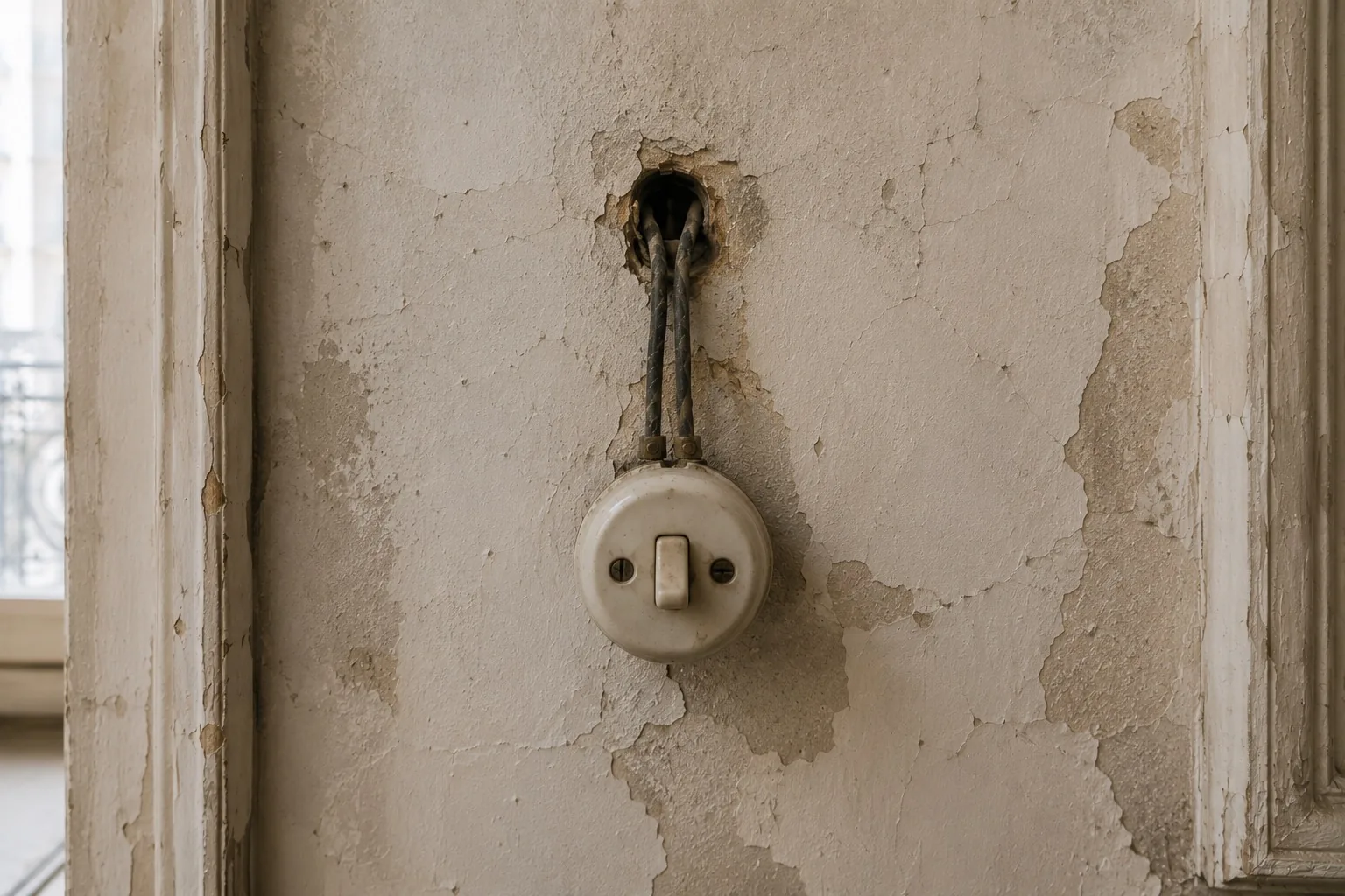 Ancien interrupteur en porcelaine et ses fils électriques d'origine sortant d'un mur fissuré, dans un appartement haussmannien parisien : installation électrique vétuste du bâti ancien.