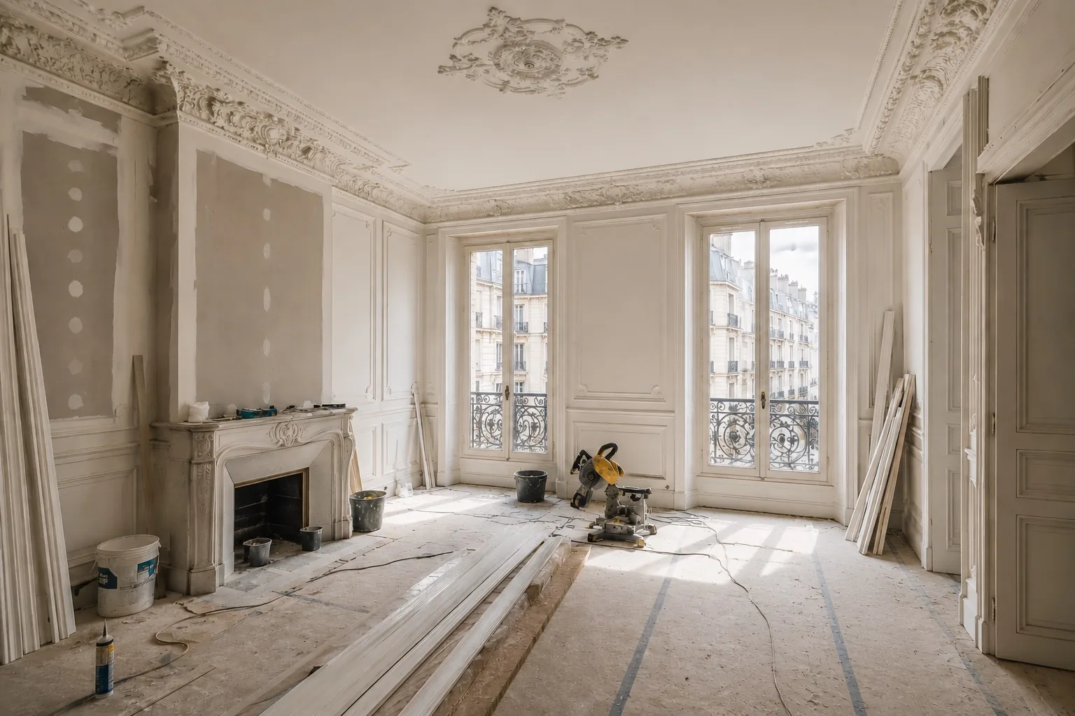 Salon d'un appartement haussmannien parisien en cours de rénovation, avec cheminée en marbre, moulures et rosace de plafond d'origine et fenêtres à ferronnerie.