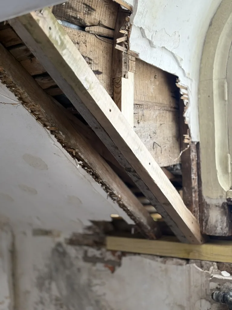 Charpente de manoir renforcée : nouvelles pièces de bois saines aboutées et étrésillons posés contre les poutres anciennes, près d'une fenêtre cintrée.