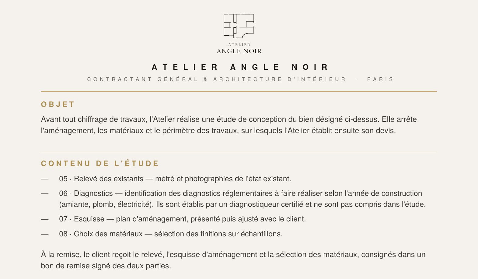 Extrait d'une proposition d'étude de l'Atelier Angle Noir : objet de l'étude et contenu en quatre points, relevé des existants, diagnostics, esquisse et choix des matériaux, puis la mention du bon de remise.