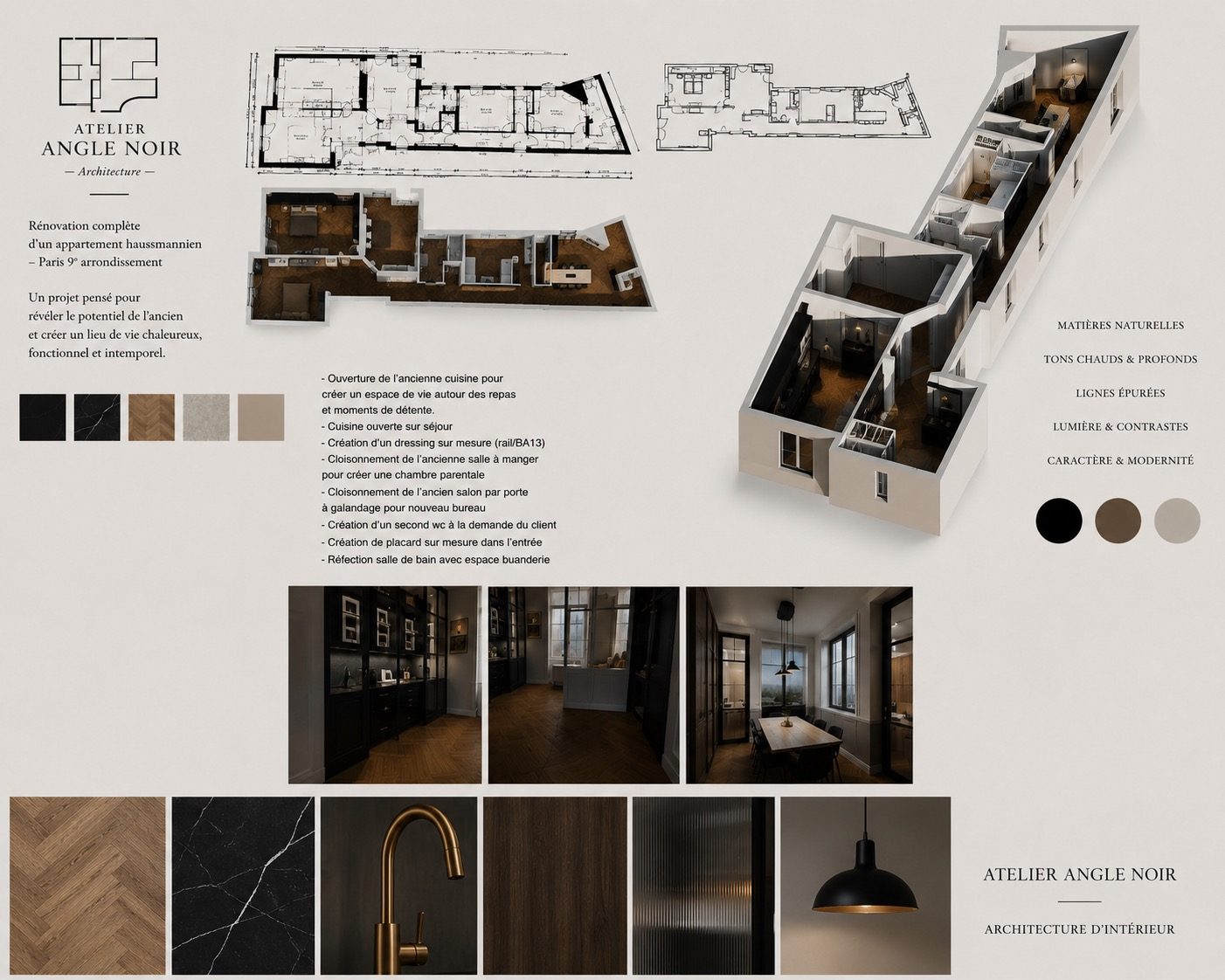 Projet Marguerite — planche : plans, matières et parti pris d'un appartement haussmannien