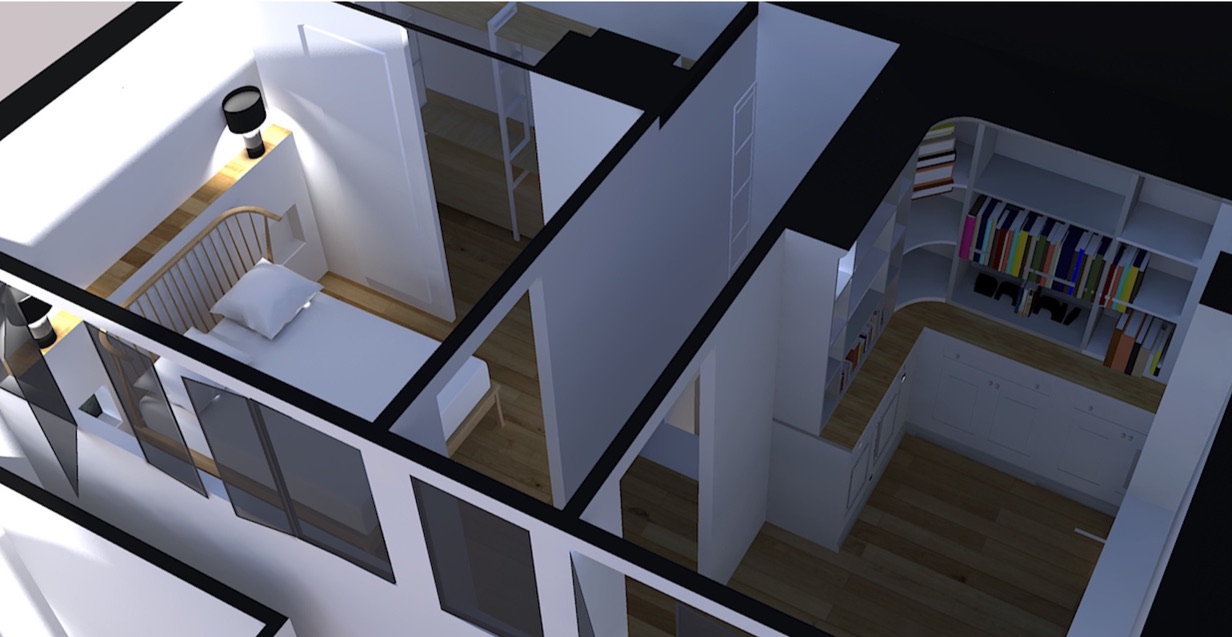 Vue aérienne mezzanine — dressing et chambre