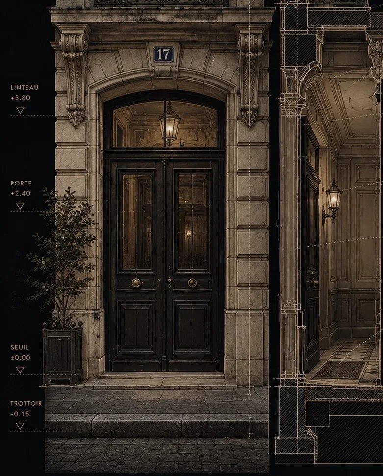 Illustration de l'Atelier Angle Noir : porte d'entrée d'un immeuble ancien du 17e arrondissement, numéro 17, annotée de cotes comme un relevé.
